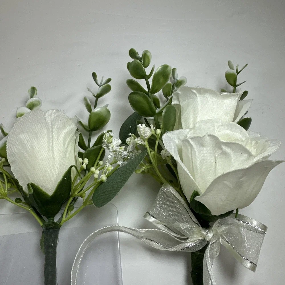 Corsage and Boutonniere Set Cream Ivory Roses Baby's Breath Greenery Handmade